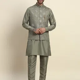 Pro-Ethic STYLE DEVELOPER Men Embroidered Angrakha Sequinned Kurta with Trousers-image-16