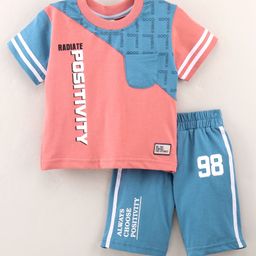 ToffyHouse Half Sleeves T-Shirt & Shorts Set Text And Brick Print- Blue Peach-14