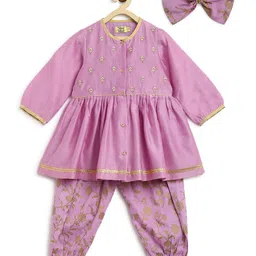 Tiber Taber Full Sleeves Chanderi Embroidered Angrakha Kurta With Floral Foil Print Salwar And Bow Hair Clip - Purple-picture-44