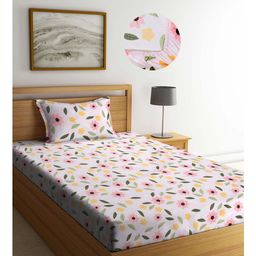 Arrabi Pink Floral TC Cotton Blend Single Size Fitted Bedsheet with 1 Pillow Cover - Multicolour-21