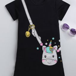 Little Marine Half Sleeves Mock Style Unicorn Sling Bag Printed T Shirt Dress - Black-image-98