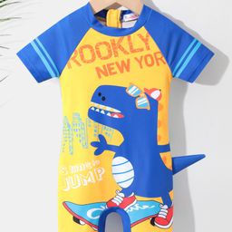 Kookie Kids Half Sleeves Legged Swimsuit Dino Print - Orange-image-44