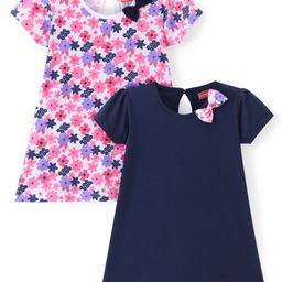 Babyhug Single Jersey Knit Half Sleeves Frocks With Floral Print & Bow Applique Pack of 2 - White & Navy Blue-image-30