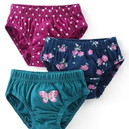 Babyhug 100% Cotton Knit Singlet Sleeves Antibacterial Panties with Polka Dots Floral & Butterfly Print Pack of 3 - Wine Blue & Green-image-97