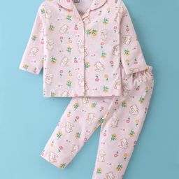 Little Darlings Cotton Knit Full Sleeves Night Suit With Floral & Bunny Print - Light Pink-image-62