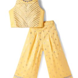 Lil' Drama Sleeveless Gota Patti Embellished Top And Pant Set - Yellow-image-27