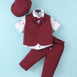 Robo Fry Lycra Knit Full Sleeves Solid Colour 3 Piece Party Suit with Bow & Hat - Burgundy-image-36