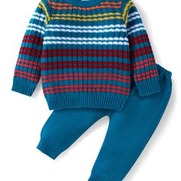 Babyhug Knitted Full Sleeves Striped Pullover Sweater - Royal Blue & Red-image-32