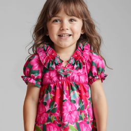 Babyhug Rayon Woven Half Puffed Sleeves Top With Floral Print - Dark Pink-image-60
