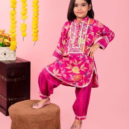 AATYA KIIDS Cotton Full Sleeves Floral Swirl Printed Kurta With Afghani Pant - Pink-image-63
