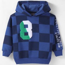 Little Kangaroos Fleece Knitted Full Sleeves Checkered Hooded Sweatshirt with Text Print - Royal Blue-image-90