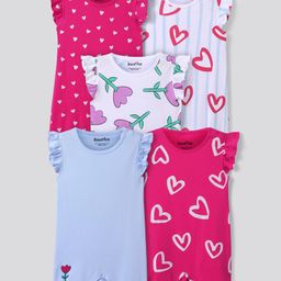 Bonfino 100 % Cotton Knit Frill Sleeves Rompers with Hearts & Floral Print Pack of 5 - Dark Pink White & Light Blue-image-39