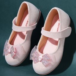 Mine Sole Bow Applique Detailed & Stones Embellished Ballerinas With Velcro Closure - Pink-image-73