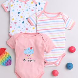 BUMZEE Cotton Woven Half Sleeves Striped & Butterfly Printed Onesies Pack of 3 - Peach & White-image-35