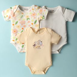 Kookie Kids Interlock Knit Half Sleeves Floral Printed & Animal Embroidered Onesies Pack of 3 - White & Yellow-image-51