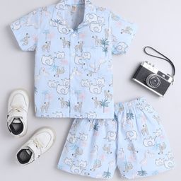 The Magic Wand Cotton Woven Half Sleeves Wild Animals Printed Coordinating Night Suit Set - Blue-image-123