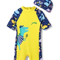 KIDLINGSS Half Raglan Sleeves Dinosaur Printed Legged Swimsuit With Cap Set - Yellow-image-77