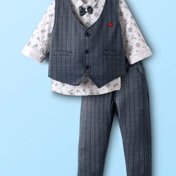 Mini Taurus Sinker Knit Full Sleeves 3 Piece Party Suit with Bow & Nautical Print - Navy Blue & White-image-90