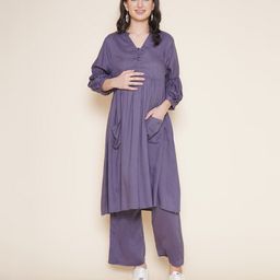 Mine4Nine Rayon Woven Three Fourth Sleeves Solid Maternity Kurta With Nursing Access & Palazzo Set - Grey-picture-14