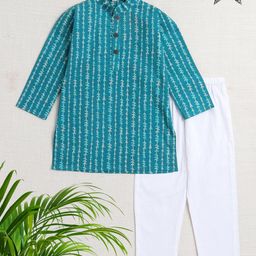The Magic Wand Cotton Woven Full Sleeves Abstract Printed Kurta Pant Set - Green-image-42