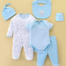 I Bears Interlock Knit Half Sleeves Striped Onesie With Footed Leggings Full Sleeves Animal Printed Romper Cap Bib Mittens Set - Light Blue-picture-22