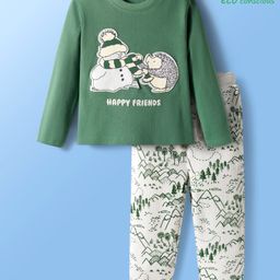 Babyoye 100% Cotton Knit Full Sleeves T-Shirt & Joggers Set With Hedge Hog Patch Print - Mint & White-picture-5