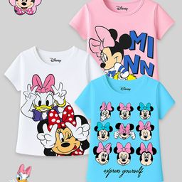 KUCHIPOO Cotton Knit Mickey & Friends Featuring Pack Of 3 Half Sleeves Characters Printed Tees - Pink Aqua Blue & White-image-95