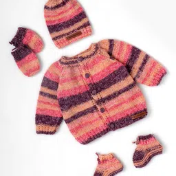 The Original Knit Knit Full Sleeves Striped Sweater With Coordinating Cap Mittens & Socks Set - Pink-picture-1