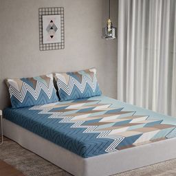 DDecor Vega Blue & White Geometric Cotton 144 TC Double Queen Bedsheet Set-2.24 m X 2.54 m-picture-4