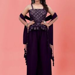 PARROT CREATION Women Embroidered Regular Sequinned Kurti with Sharara & With Dupatta-24