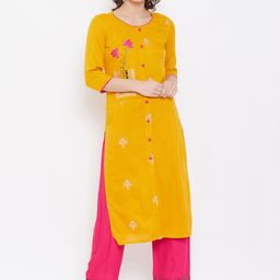 Kurti's by Menka Women Yellow Embroidered Straight Kurta-image-86