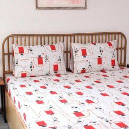 House This Krida Printed Red Cotton Single Bed Sheet with Pillow Cover-20
