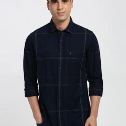 Peter England Navy Cotton Slim Fit Checks Shirt-picture-6