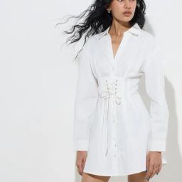 Nuon by Westside White Corset-Style Cotton-Blend Shirt Dress-image-1