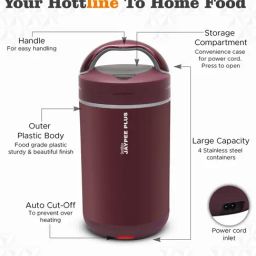Jaypee Plus Hotline 3 Maroon Electric Lunch Box SS Container Office Lunch Box With Power Cord image 3
