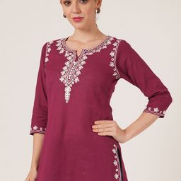 Brownverse Floral Embroidered Khadi Cotton Notch Neck Straight Kurta-25