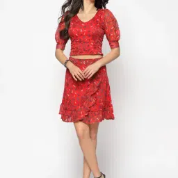 Sera Red Printed Crop Top With Skirt-picture-1
