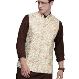 Manyavar Cream Regular Fit Embroidered Nehru Jacket-image-10