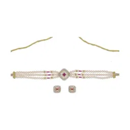 Sri Jagdamba Pearls Falguni Pearl White & Pink Alloy Necklace & Earring Set-image-81