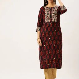 SHOWOFF Red Cotton Embroidered Calf Length Straight Kurta-image-37