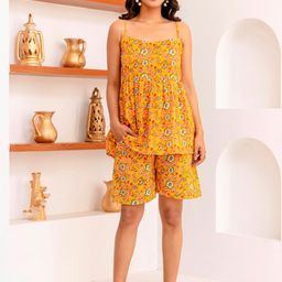 KALINI Floral Printed Shoulder Straps Sleeveless Pure Cotton Top With Shorts-picture-2