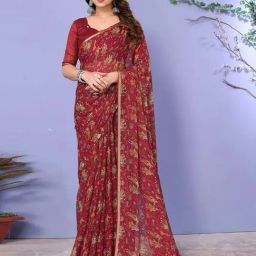 Satrani Maroon Printed Saree With Unstitched Blouse-image-20