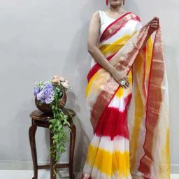 Satrani Red & Yellow Printed Saree With Unstitched Blouse-image-93