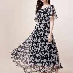 Fashion2wear Black Abstract Short sleeves Maxi Dress-image-17