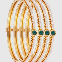 Zeneme Gold Plated Pearls With Colour Cubic Zirconia Studded Bangles Set of 4 image 3