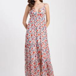Moomaya White & Red Floral Print Maxi Dress-image-1