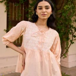 House Of Chikankari Peach Cotton Chikankari Top-image-41