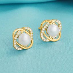 Zavya 925 Sterling Silver Timeless Elegance Gold Plated Cubic Zirconia & Pearl Stud Earrings-33