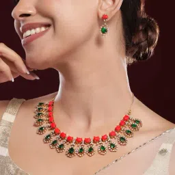 Rubans Gold-Tone Plated Red & Green Set for Women-picture-1