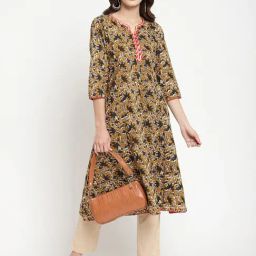 Savi Beige & Black Cotton A-Line Floral Kurta kurtis-picture-16